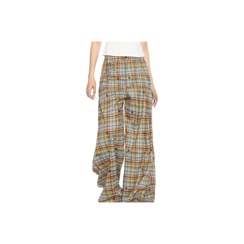 Caramella Casual Pants Women's Yellow Blue Plaid-0