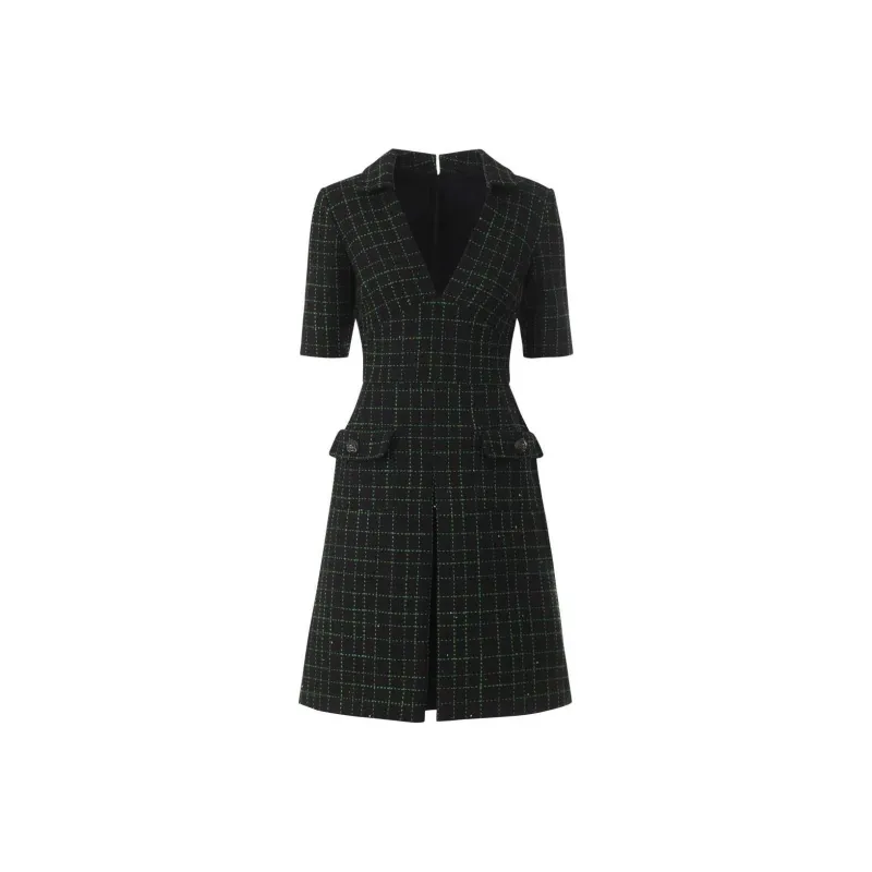 ELIE SAAB SS24 Short-Sleeved Dresses Women's Black Green Plaid-0