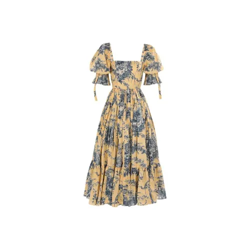 Selkie Collection SS24 Short-Sleeved Dresses Women's Yellow Background Lotus Manor Print