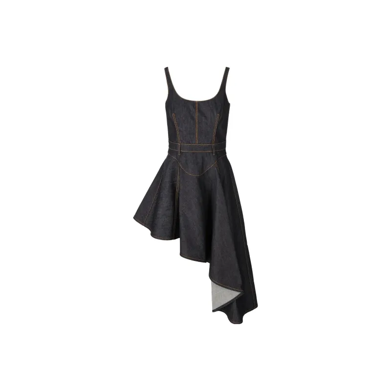 Alexander McQueen Asymmetric Ruffled Denim Dress-0