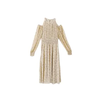 YUMOMO STAR Long Sleeved Dresses Women's Beige With Purple Floral