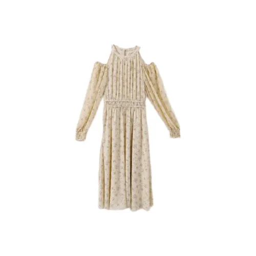 YUMOMO STAR Long Sleeved Dresses Women's Beige With Purple Floral