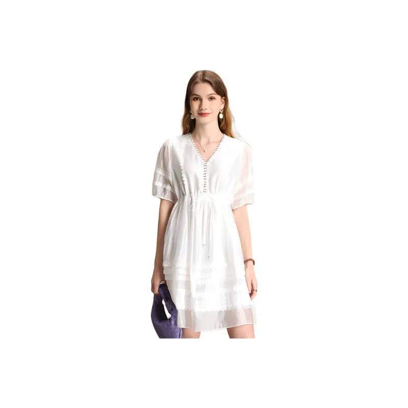 FENHONGMALI Short Sleeved Dresses Women's White-0