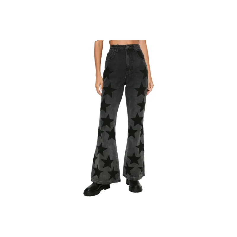 NASTY GAL Nessa Barrett Star Washed Denim Flare Jean Jeans Women's Black-0