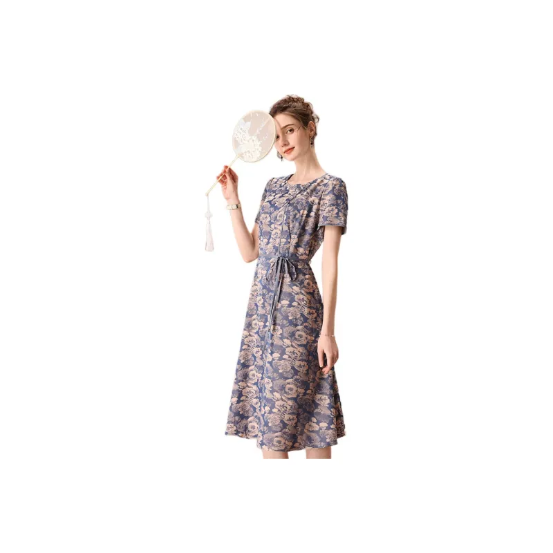 FENHONGMALI Short Sleeved Dresses Women's Blue-0