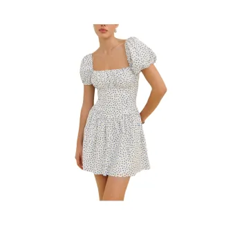 REFORMATION Marielle Dress Short Sleeved Dress Women's White With Blue Floral