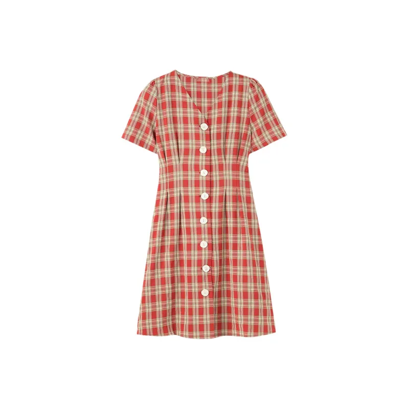 AHDO Short-Sleeved Dresses Women's Red Plaid-0