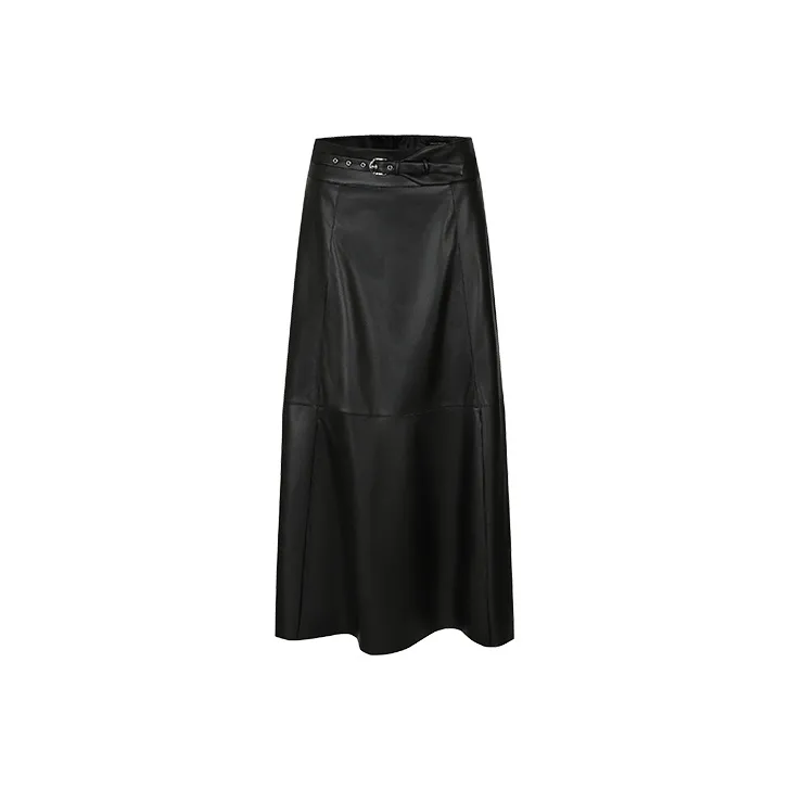 URBAN REVIVO Leather Long Skirt Women's Jet Black-0