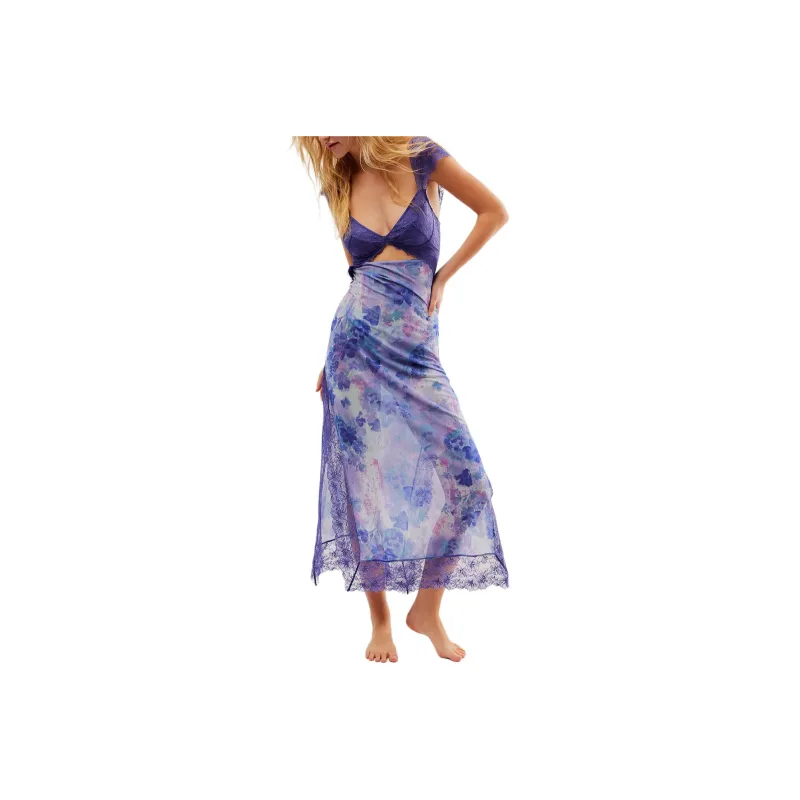 FREE PEOPLE Suddenly Fine Maxi Slip Short-Sleeved Dresses Women's Rain Combo/Rain Color Combo-0