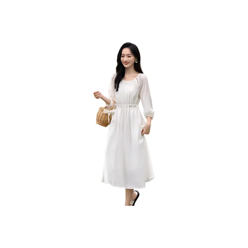 Mo Han Yi Mei Long Sleeved Dress Women's Raw White-0