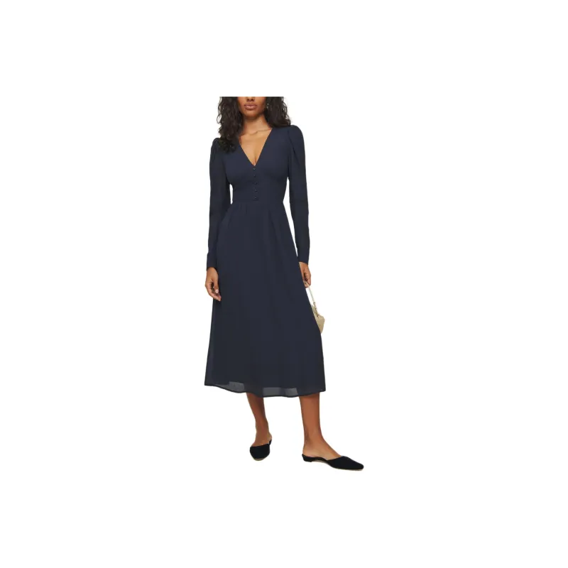 REFORMATION Liara Dress Long-Sleeved Dresses Women's Marine Blue-0