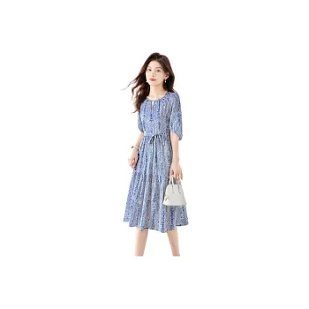Cypress House Short Sleeved Dresses Women's White With Blue Floral