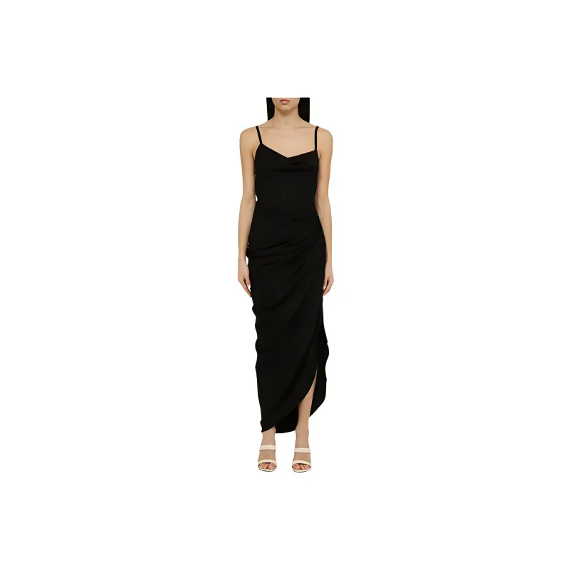 Jacquemus Saudade Asymmetric Draped Maxi Dress Slip Dress Women's Black-0