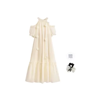 TUSHIFEI Short Sleeved Dress Women's Apricot Long Hair Tie Comes With
