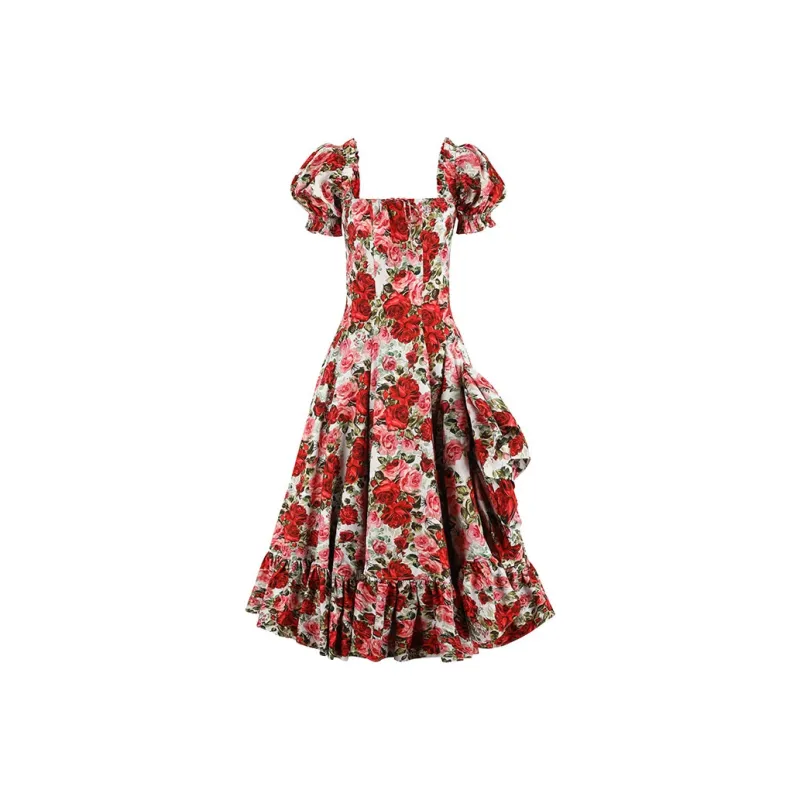 Selkie Collection SS25 Short Sleeved Dresses Women's White Base Rose Print-0