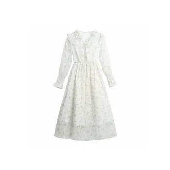 ARIADNAW STUDIO Long Sleeved Dresses Women's Apricot Base Green Floral