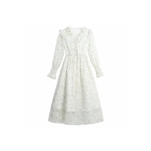 ARIADNAW STUDIO Long Sleeved Dresses Women's Apricot Base Green Floral