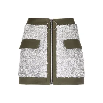 BALMAIN Short Low Rise Tweed And Canvas Skirt 'Silver/Military Green'