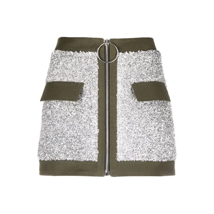 BALMAIN Short Low Rise Tweed And Canvas Skirt 'Silver/Military Green'-0