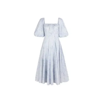 Selkie Collection Short Sleeved Dress Women's Light Blue With Afternoon Garden Print