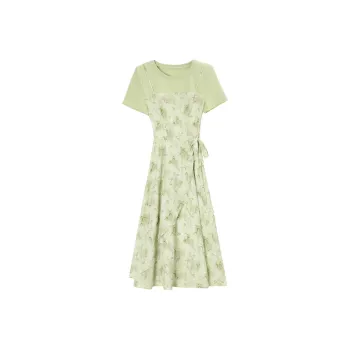 PLANE DRIFT Short Sleeved Dress Women's Bamboo Leaf Green