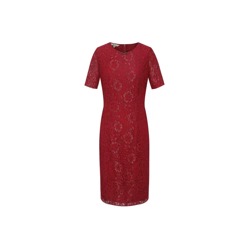 BBLLUUEE Short Sleeved Dress Women's Maple Leaf Red-0