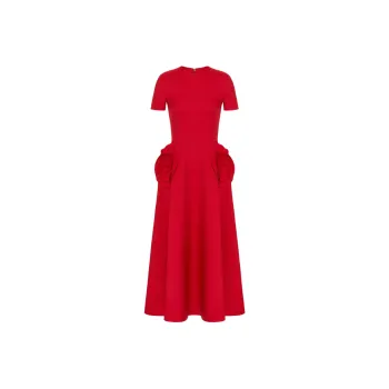 Valentino Crepe Couture Midi Dress Short-Sleeved Dresses Women's Red