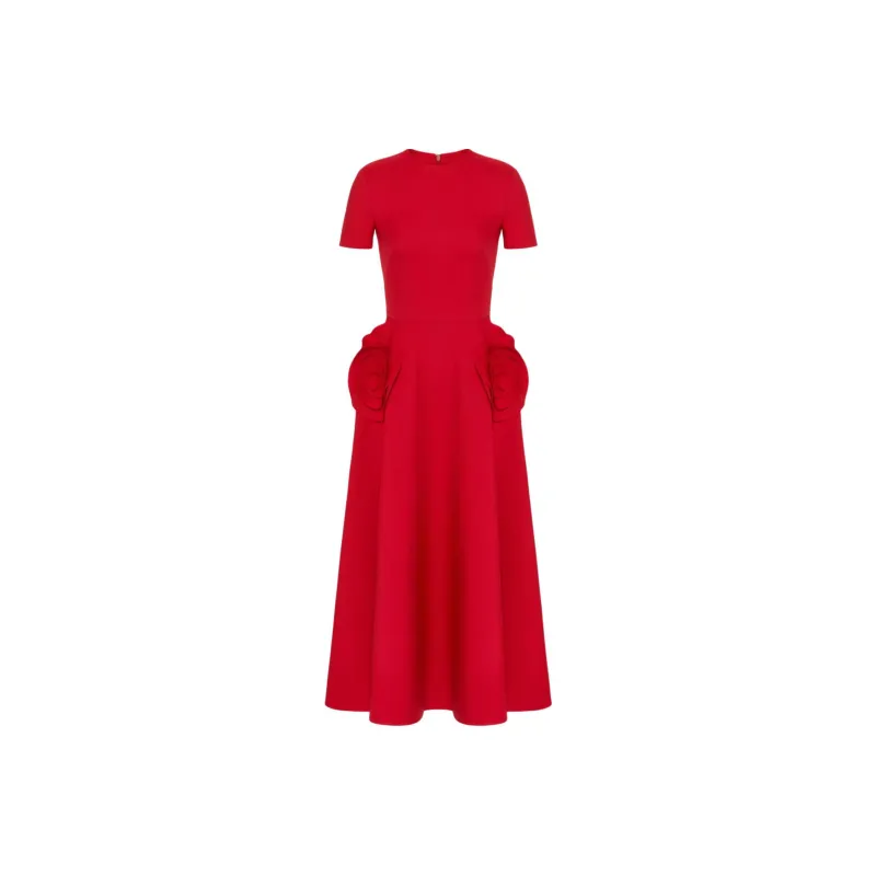 Valentino Crepe Couture Midi Dress Short-Sleeved Dresses Women's Red-0