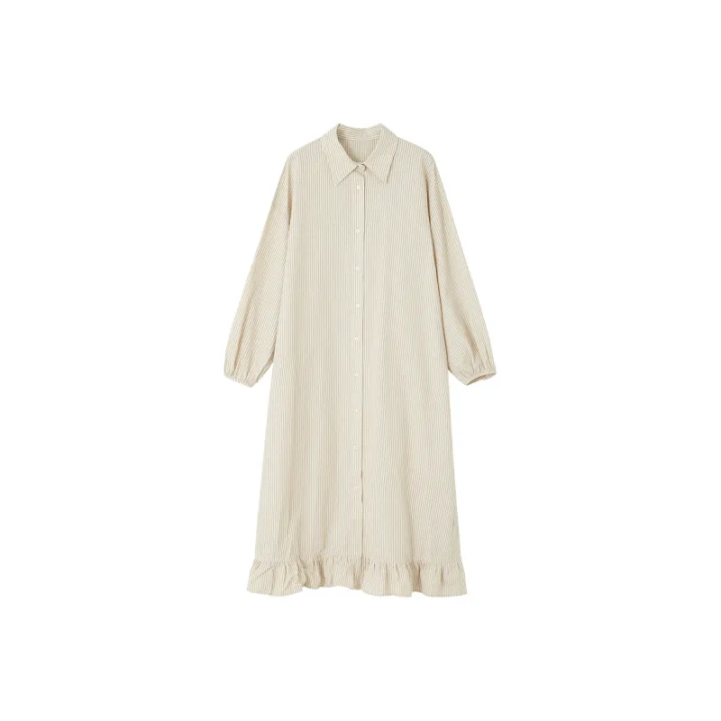 【dme】 Long Sleeved Dress Women's Beige Camel Stripes-0
