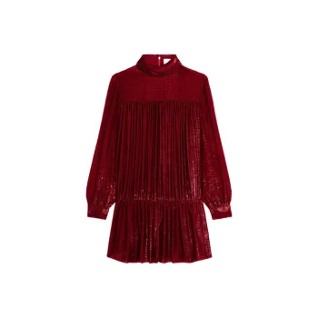 CELINE Gathered Mini Dress In Flowing Velvet Lamé Rouge Theatre Long Sleeved Dress Women's Red