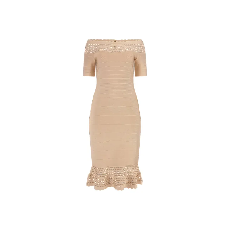 GUESS Off-Shoulder Mini Sweater Dress Short-Sleeved Dresses Women's Beige-0