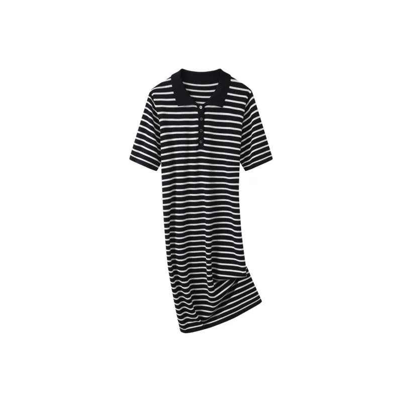 H YXIANG Short Sleeved Dresses Women's Navy Blue+Raw White-0