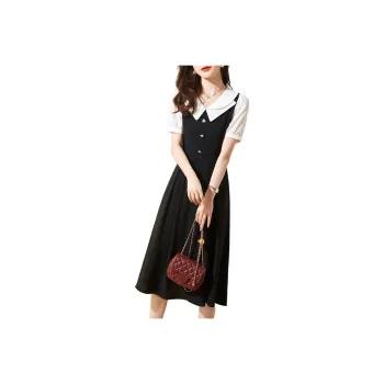 Mo Han Yi Mei Short Sleeved Dresses Women's Black White Color Blocking