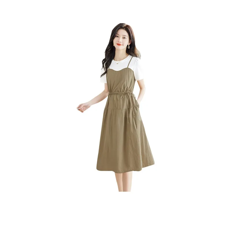 Cypress House Short Sleeved Dress Women's White Top & Khaki Bottom-0