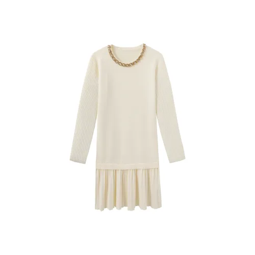 Fish Rabbits Long Sleeved Dresses Women's Cream Apricot