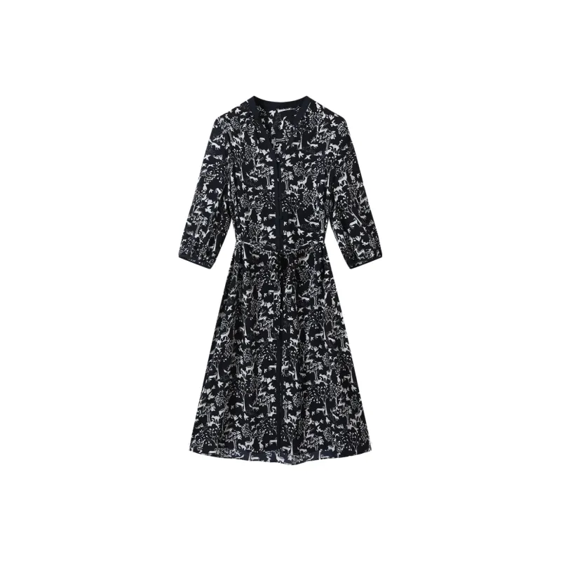 H-YXIANG Long-Sleeved Dresses Women's Blue Background Print-0