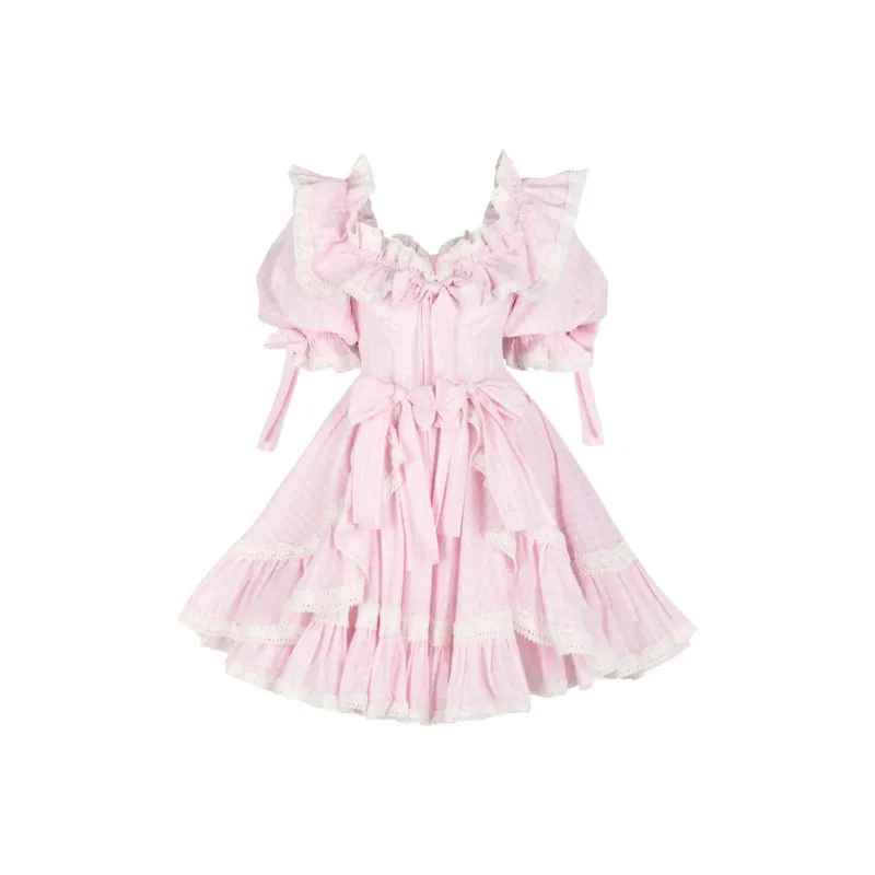 Selkie Collection SS24 Short Sleeved Dress Women's Beige Pink Plaid-0