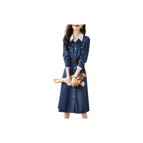 Mo Han Yi Mei Long Sleeved Dress Women's Denim Blue