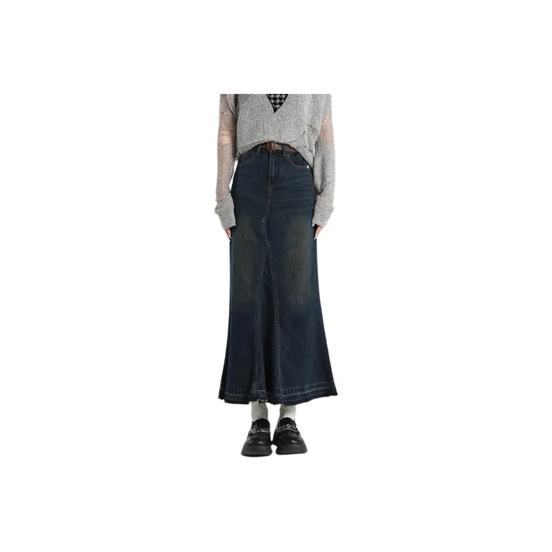 Weixi Denim Long Skirts Women's Vintage Blue-0