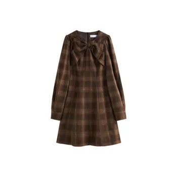 FANSILANEN Bowknot Vintage Plaid Long Sleeved Dress Women's Brown Plaid