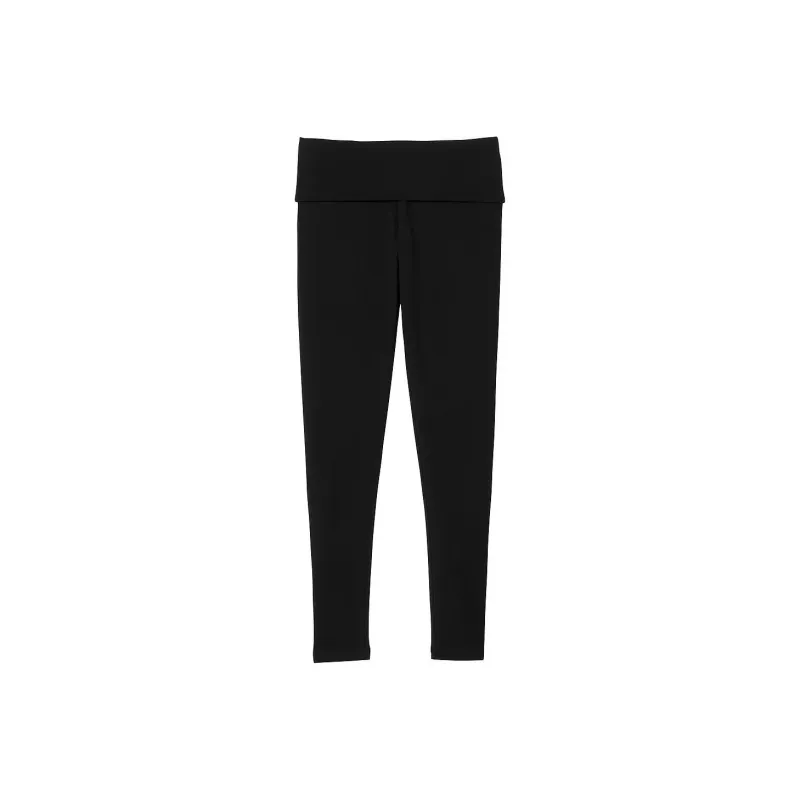 Victoria's Secret VS Cotton Yoga Mid-Rise Foldover Leggings Pure Black Leggings Women's Pure Black-0