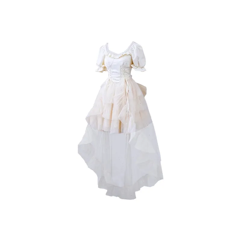 Mu Xiao Xin Short Sleeved Dress Women's Apricot Detachable Train-0