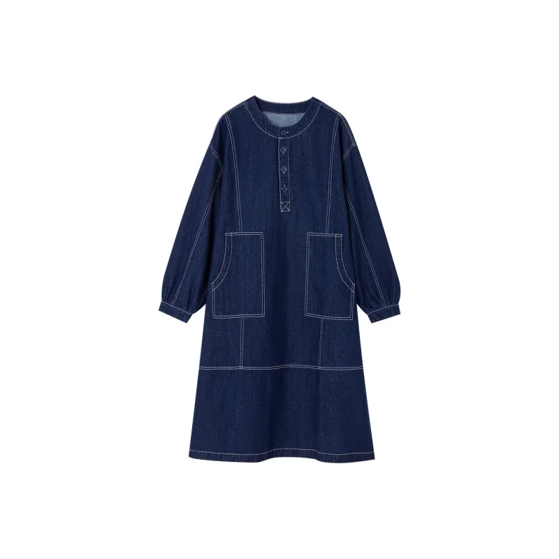 【dme】 Long Sleeved Dress Women's Denim Blue-0