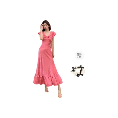 TURN UP Short Sleeved Dresses Women's Plum+Bowknot Hair Tie Comes With