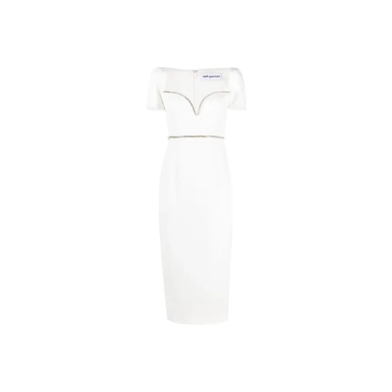 Self portrait White Diamante Trim Split Crepe Midi Dress-0