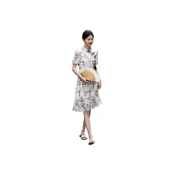 XWI Short Sleeved Dress Women's Beige With Black Floral