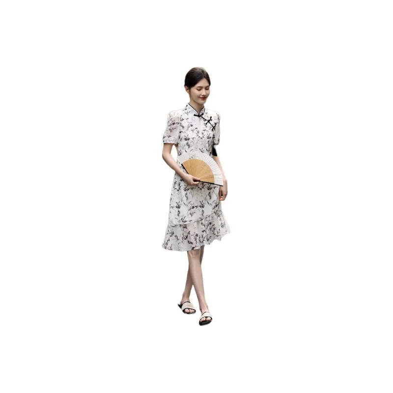 XWI Short Sleeved Dress Women's Beige With Black Floral-0