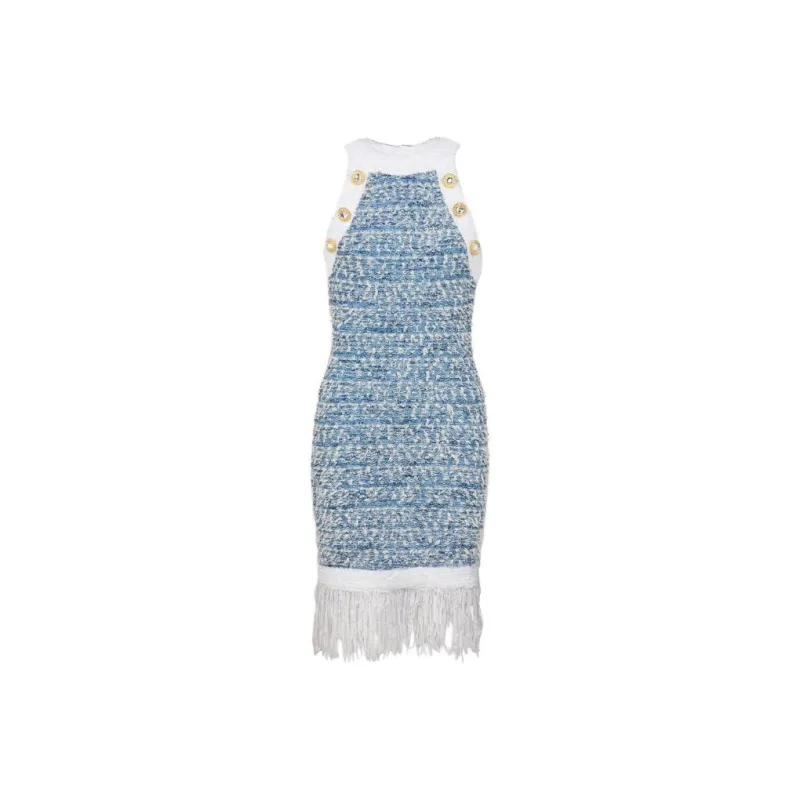 BALMAIN Fringed Denim Tweed Dress-0