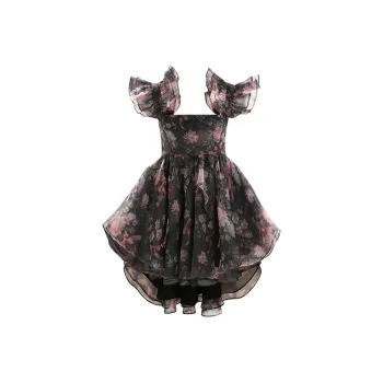 Selkie Collection Sleeveless Dress Women's Black Background With Pink Velvet Ribbon And Rose Print