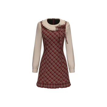 CHIWAWAMEME Long Sleeved Dresses Women's Red Plaid